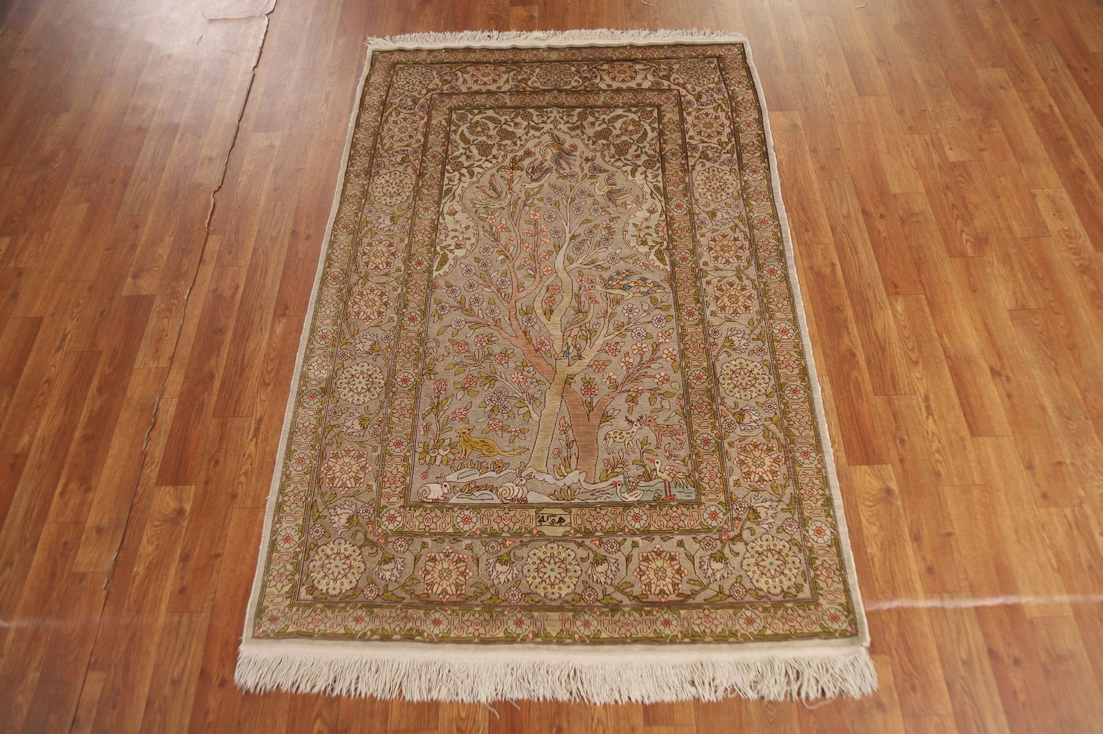 Antique Signed Vegetable Dye Silk/ Silver Hereke Persian Rug 3x5 - 3