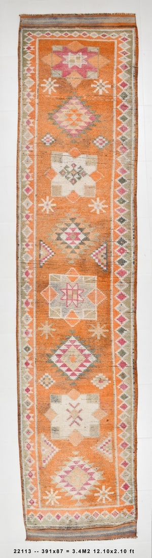 2'10'' x 12'9'' Handmade Vintage Wool Rug - 22113: Title: 2'10'' x 12'9'' Handmade Vintage Wool Rug - 22113Description:2'10'' x 12'9'' Handmade Vintage Wool Rug - 22113Origin:TurkiyeDate/Period:1960-90Materials:Wool,CottonDimension:2'10''x12'9'' ft,