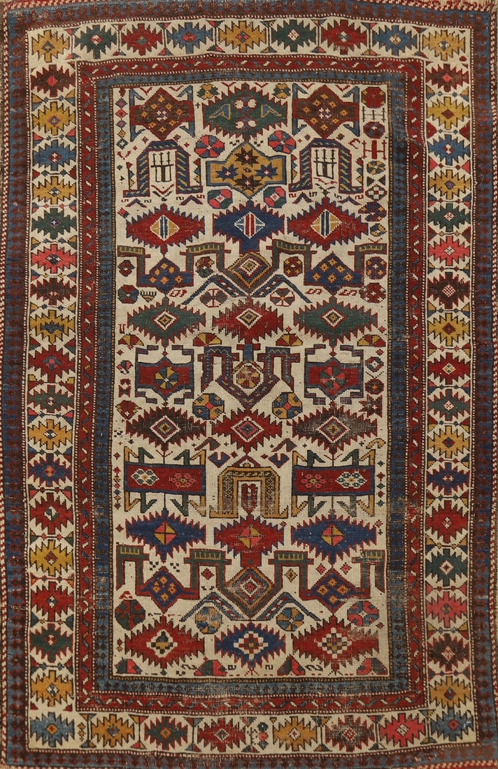 Pre-1900 Antique Vegetable Dye Kazak Oriental Rug 3x5: Title: Pre-1900 Antique Vegetable Dye Kazak Oriental Rug 3x5 Description:A Beautiful Genuine Russia Kazak rug is Hand Knotted by skillful weavers in Russia with