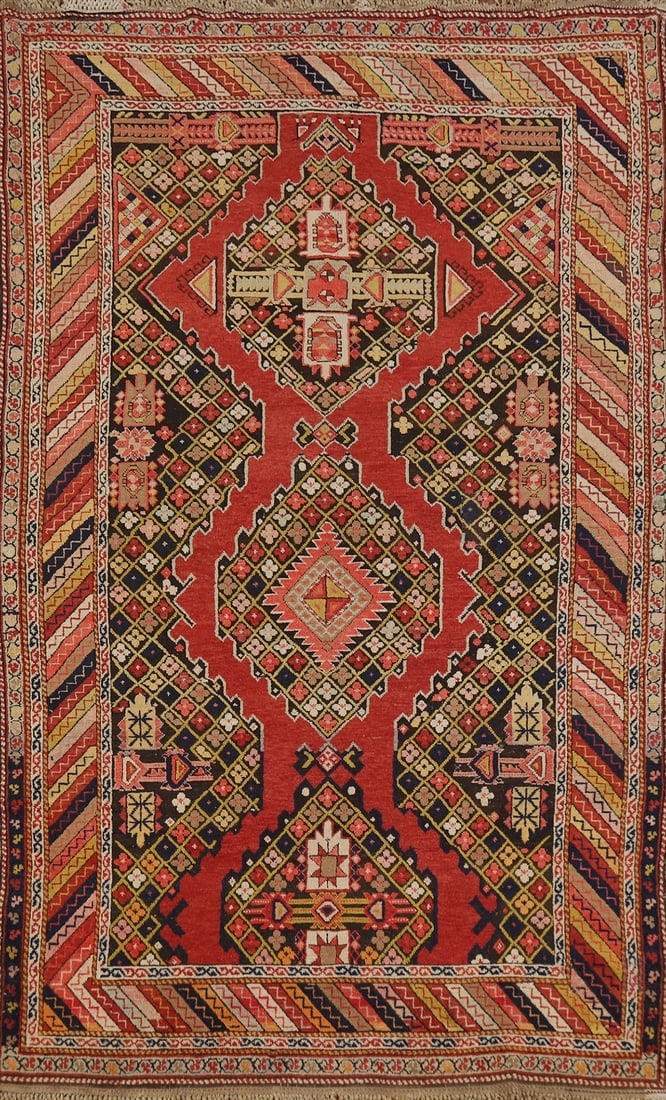 Pre-1900 Antique Kazak Vegetable Dye Rug 4x7: Title: Pre-1900 Antique Kazak Vegetable Dye Rug 4x7 Description:A Beautiful Genuine Russia Kazak rug is Hand Knotted by skillful weavers in Russia with