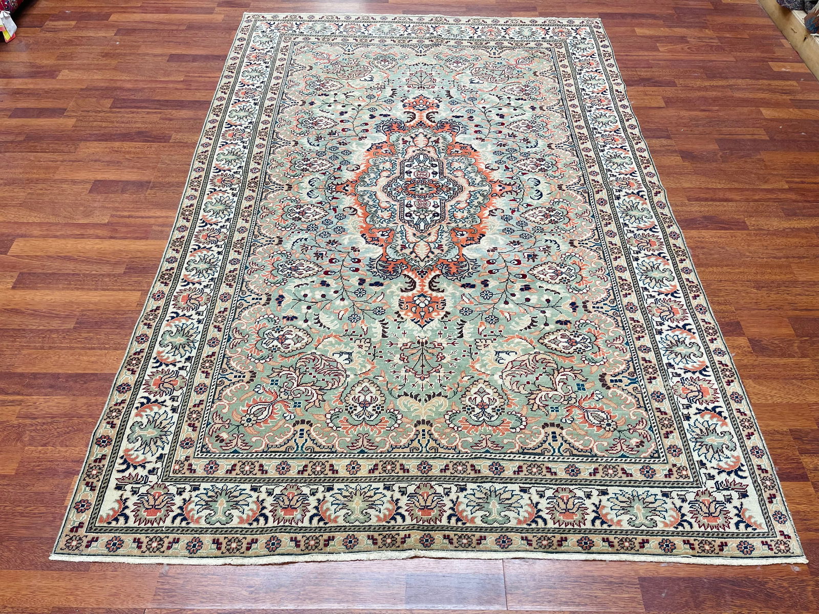Antique Turkish Kayser rug-4913: Title:Antique Turkish Kayser rug-4913Description:A beautiful green background anyique Turkish Kaysari from central Turkey, size 5 ftby 7 ft. 5 inches, circa 1930, excellent condition with all