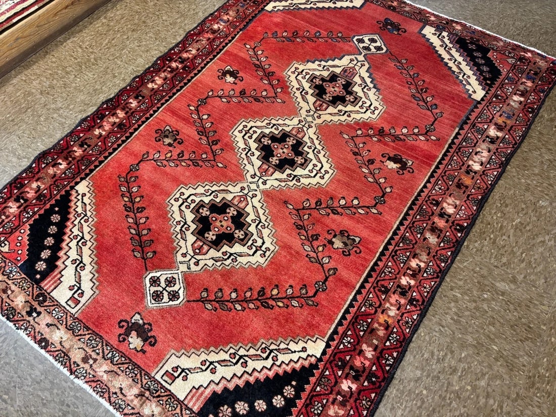 Hand Knotted Persian Saveh Red Geometric Wool Vintage Oriental Area Rug 4'7" x 6'6" - 8