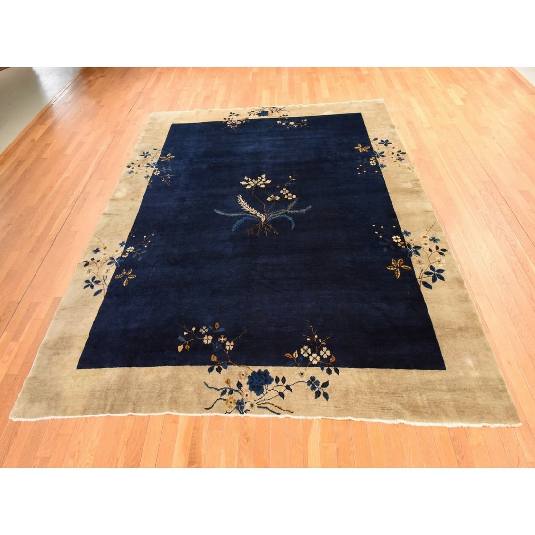 Midnight Blue Antique Chinese Nichols Art Deco Hand Knotted Wool Rug - 2