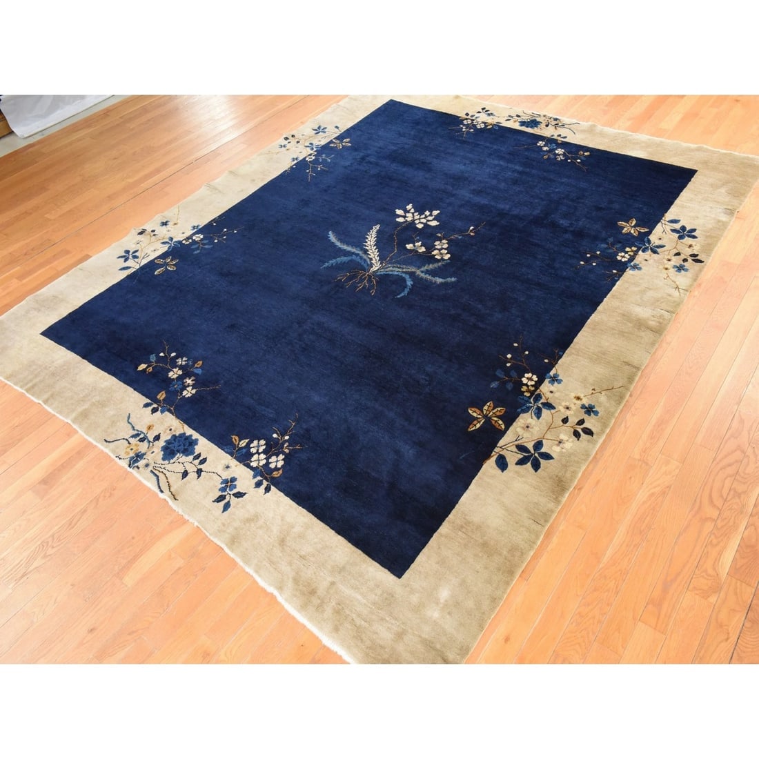 Midnight Blue Antique Chinese Nichols Art Deco Hand Knotted Wool Rug - 3
