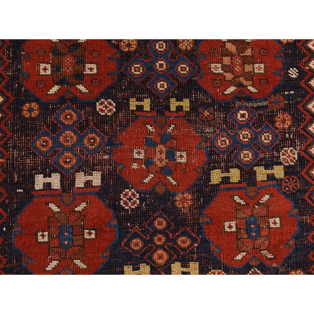Blue with Red Antique Persian Afshar Wool Even Wear Hand Knotted Rug - 3