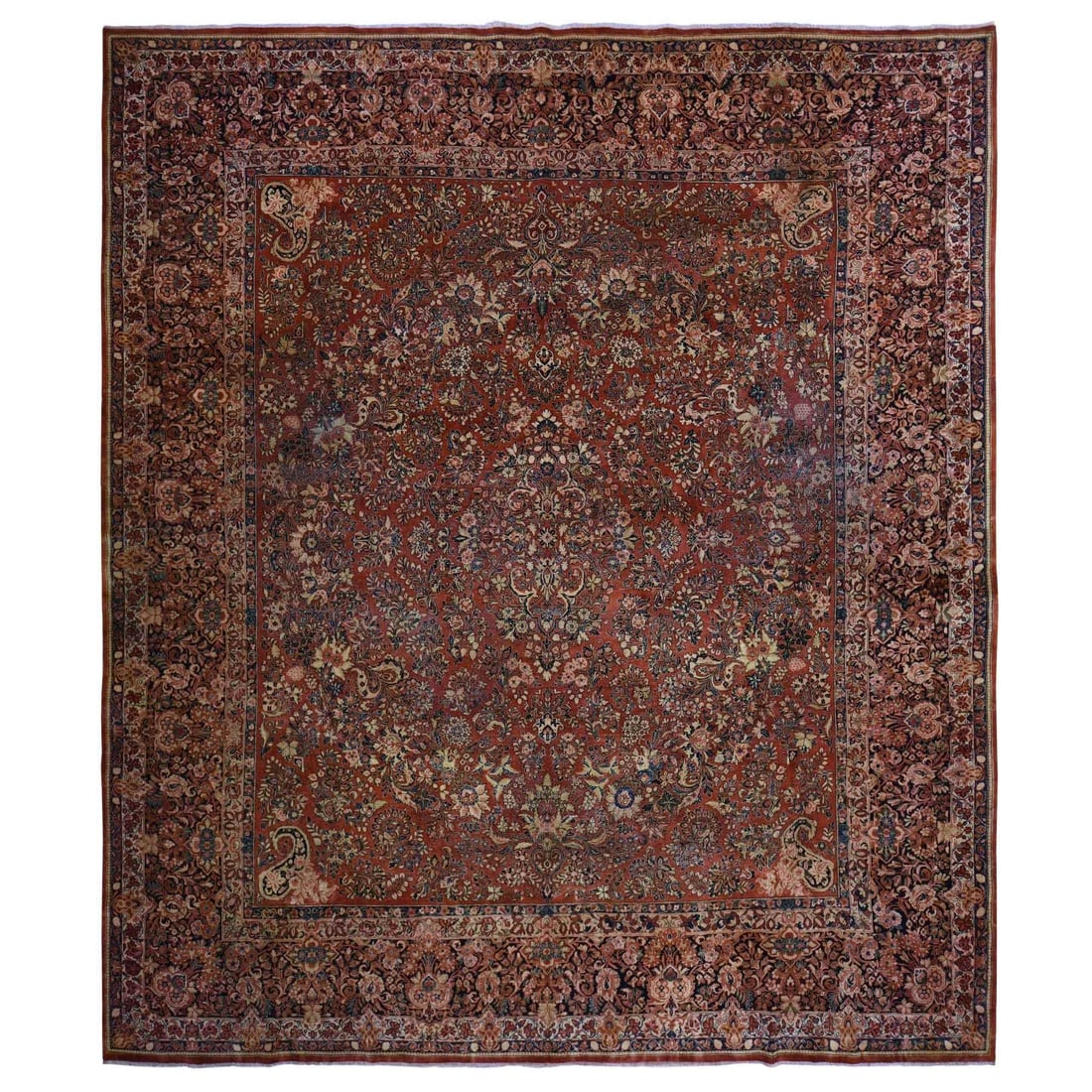 Cinnamon Red Antique Persian Sarouk Hand Knotted Pure Wool Square Rug: Title: Cinnamon Red Antique Persian Sarouk Hand Knotted Pure Wool Square Rug Description:This is a truly genuine one-of-a-kind. It has been Knotted for months and months in the centuries-old weaving c