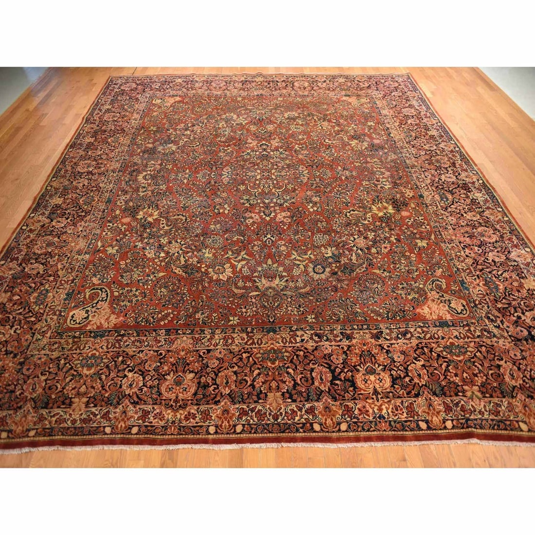 Cinnamon Red Antique Persian Sarouk Hand Knotted Pure Wool Square Rug - 2