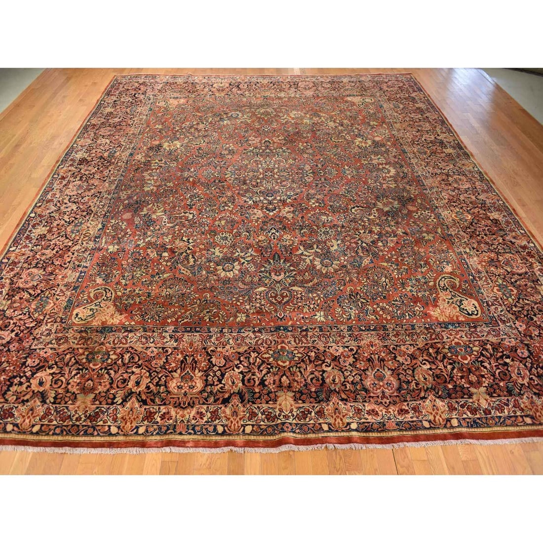 Cinnamon Red Antique Persian Sarouk Hand Knotted Pure Wool Square Rug - 3