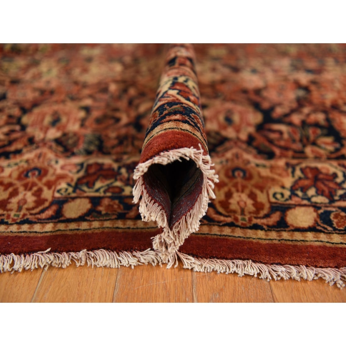 Cinnamon Red Antique Persian Sarouk Hand Knotted Pure Wool Square Rug - 6