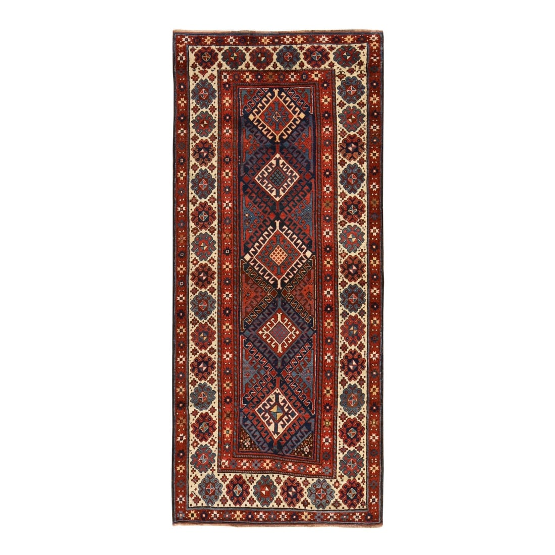 Red Antique Geometric Caucasian Kazak Hand Knotted Wool Runner Rug: Title: Red Antique Geometric Caucasian Kazak Hand Knotted Wool Runner Rug Description:This is a truly genuine one-of-a-kind. It has been Knotted for months and months in the centuries-old weaving craf