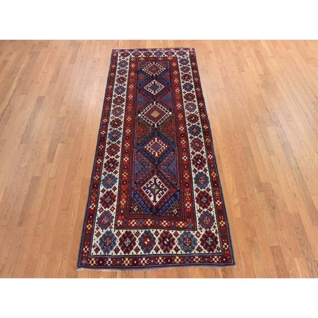 Red Antique Geometric Caucasian Kazak Hand Knotted Wool Runner Rug - 2