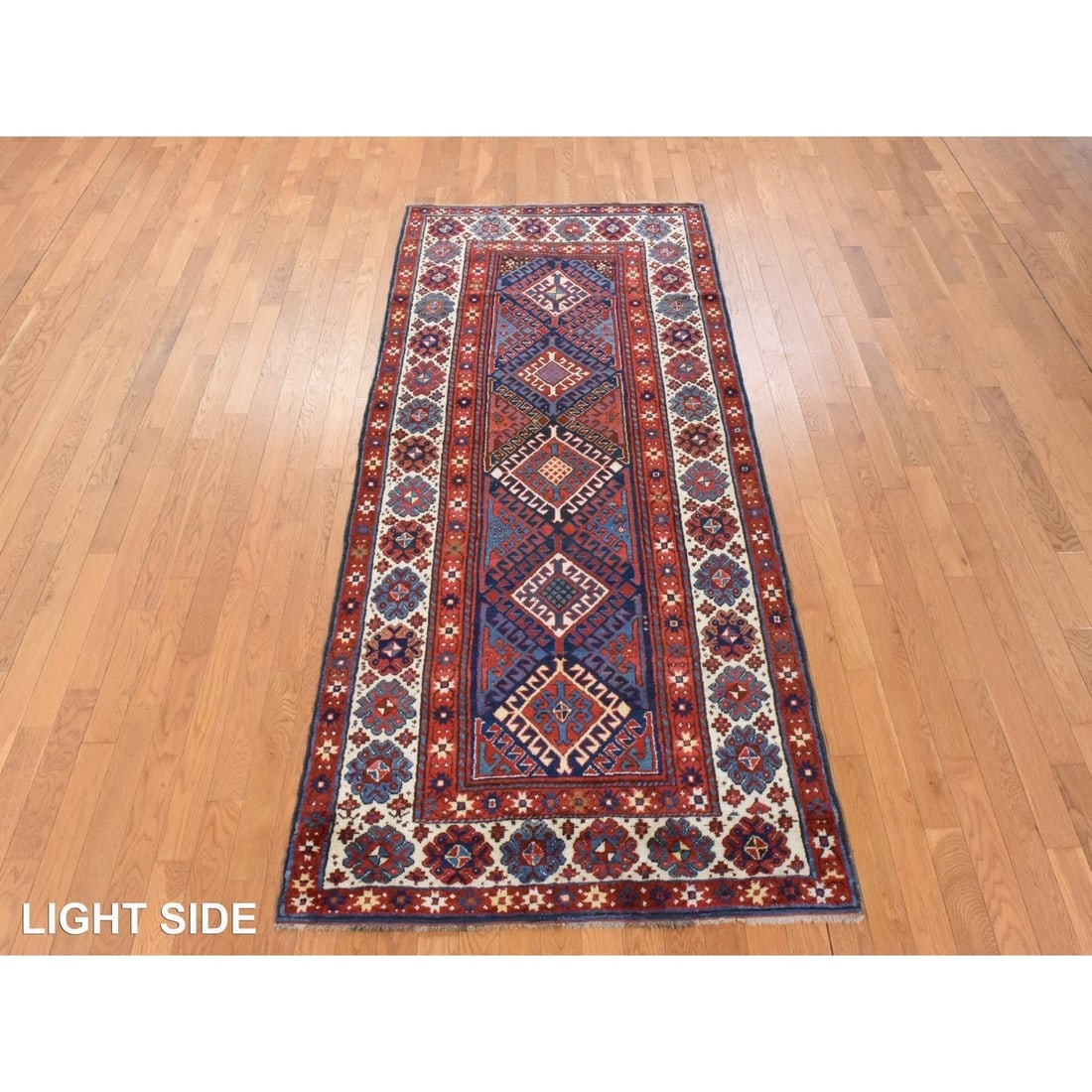 Red Antique Geometric Caucasian Kazak Hand Knotted Wool Runner Rug - 3