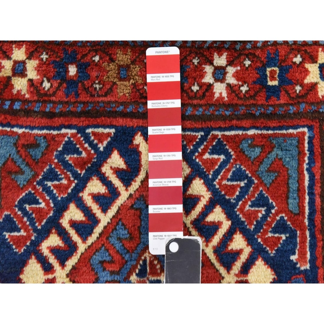 Red Antique Geometric Caucasian Kazak Hand Knotted Wool Runner Rug - 5
