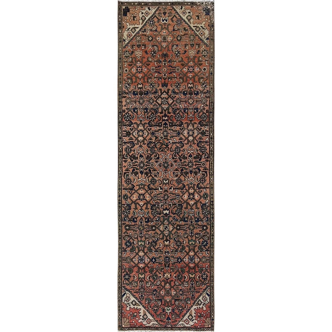 Salmon Color Vintage Persian Hussaianabad Hand Knotted Wool Runner Rug: Title: Salmon Color Vintage Persian Hussaianabad Hand Knotted Wool Runner RugDescription:This is a truly genuine one-of-a-kind. It has been Knotted for months and months in the centuries-old weaving