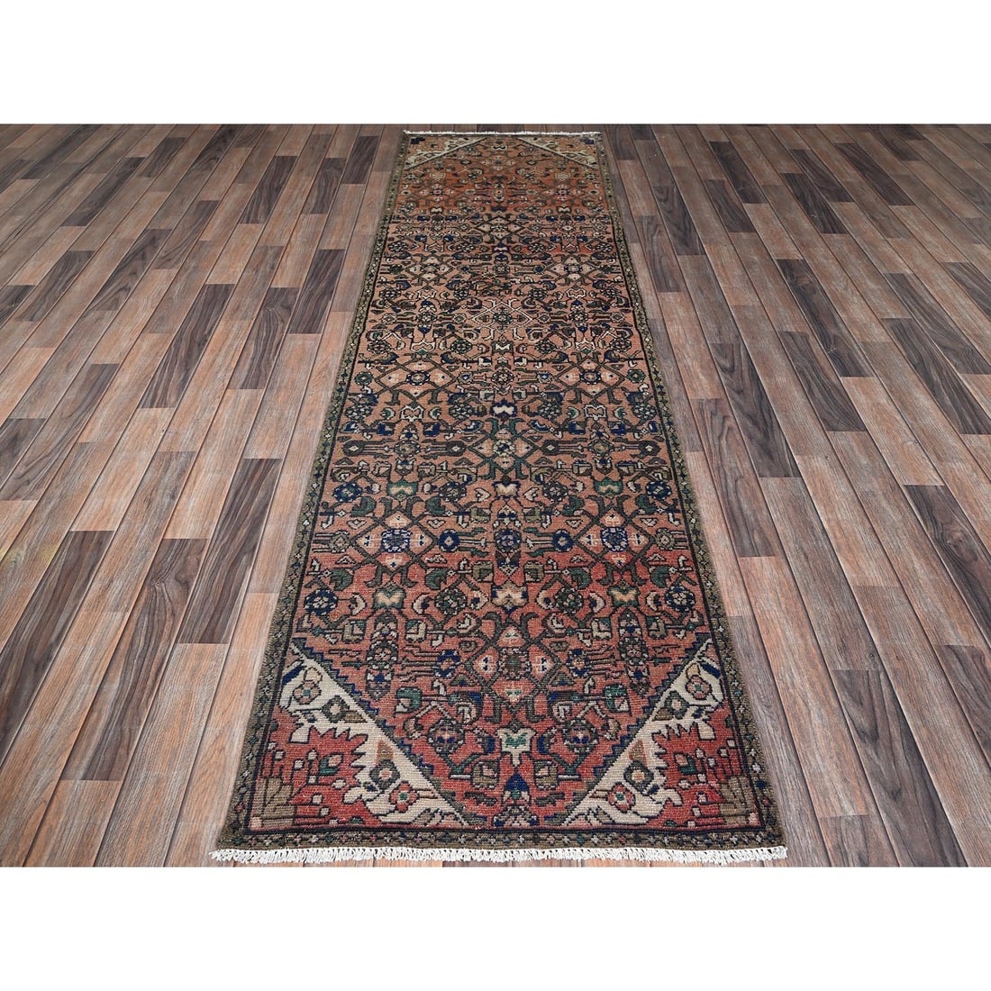 Salmon Color Vintage Persian Hussaianabad Hand Knotted Wool Runner Rug - 2