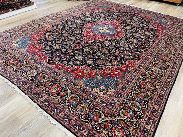 Vintage Persian Kashan Rug- 3490: Title:Vintage Persian Kashan Rug- 3490Description:Beatiful Vintage Persian Kashan rug from central Persia, size 9 ft. 7 inches by 12 ft. 5 inches, on blue field, excellent condition with good pile