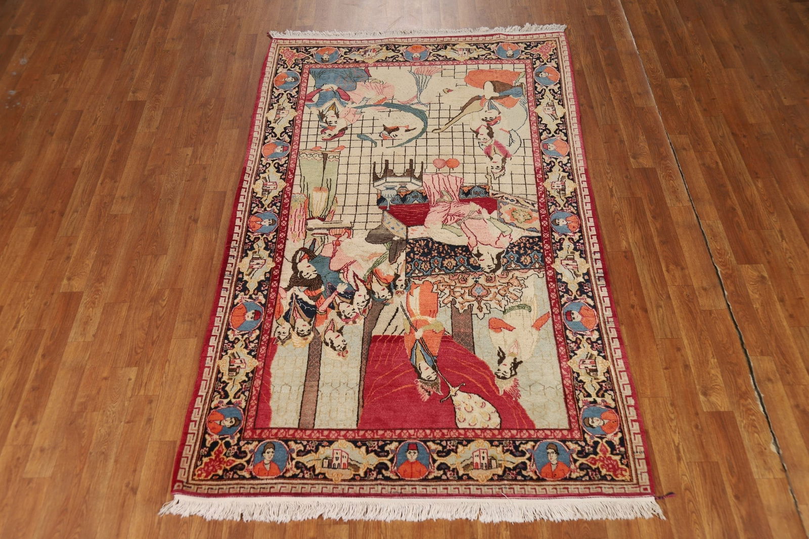 Pre-1900 Antique Pictorial Kashan Persian Rug 4x7 - 16