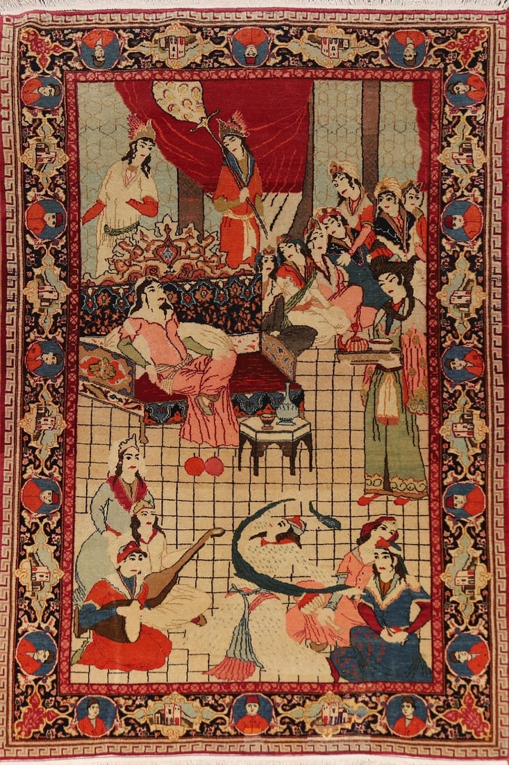 Pre-1900 Antique Pictorial Kashan Persian Rug 4x7: Title: Pre-1900 Antique Pictorial Kashan Persian Rug 4x7Description:A Beautiful Genuine Iran ( Persia ) Kashan rug is Hand Knotted by skillful weavers in Iran ( Persia ) with 100% Wool Material. This