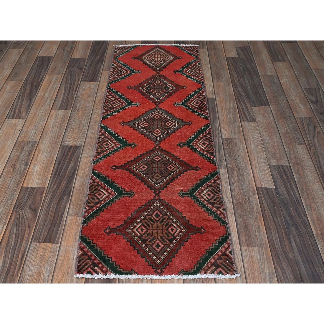 Chili Red Vintage Persian Hamadan Hand Knotted Pure Wool Runner Rug - 2