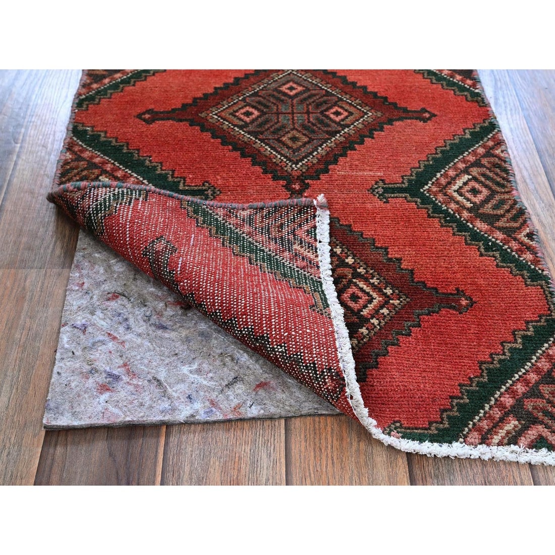 Chili Red Vintage Persian Hamadan Hand Knotted Pure Wool Runner Rug - 3