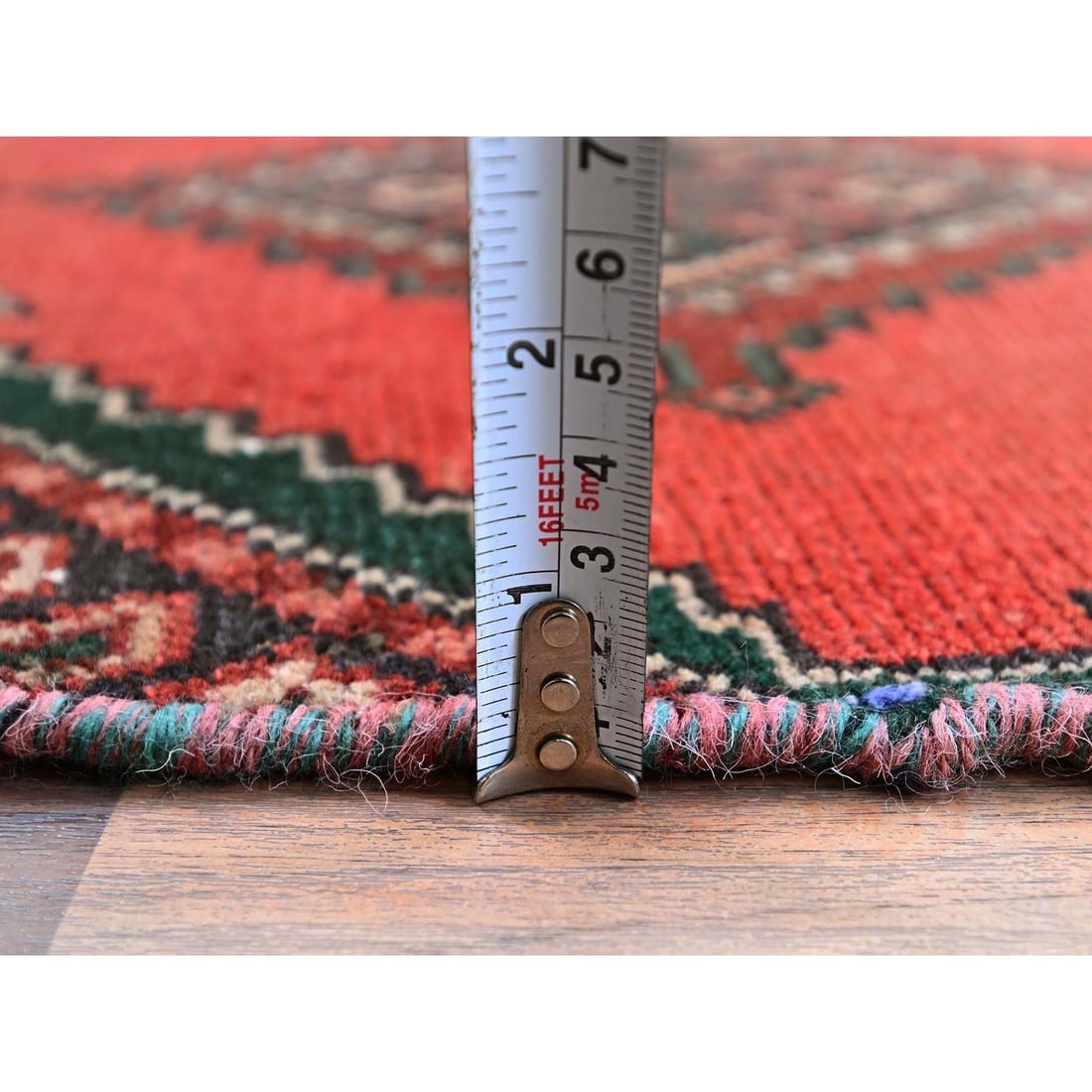 Chili Red Vintage Persian Hamadan Hand Knotted Pure Wool Runner Rug - 6