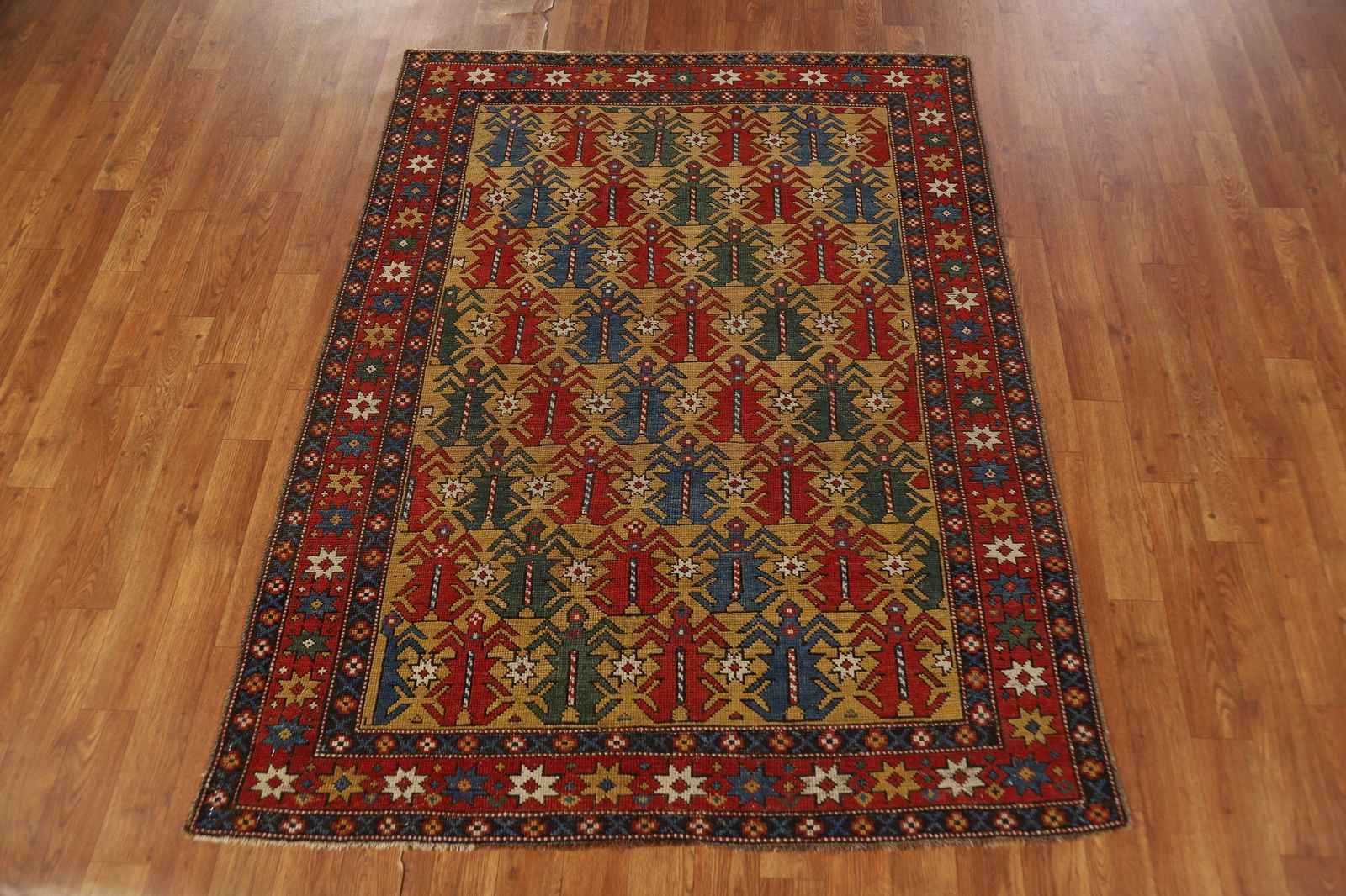 Pre-1900 Antique Wool Kazak Vegetable Dye Rug 4x5 - 13