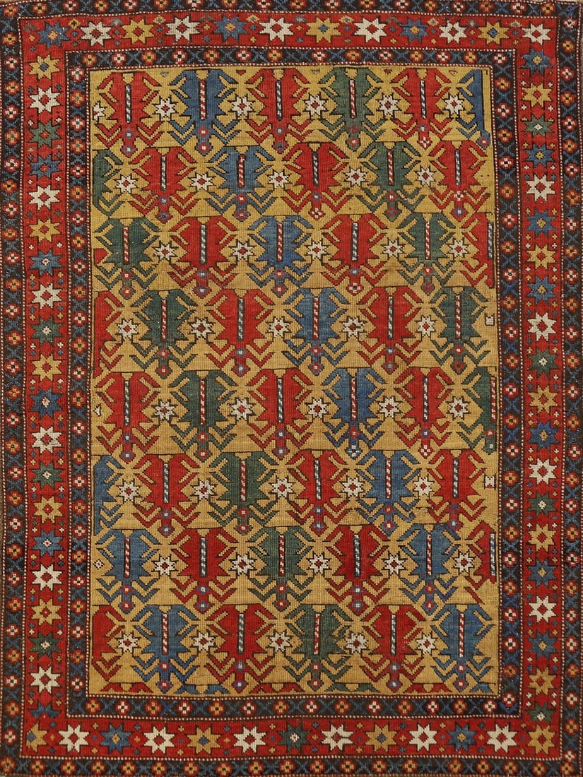 Pre-1900 Antique Wool Kazak Vegetable Dye Rug 4x5: Title: Pre-1900 Antique Wool Kazak Vegetable Dye Rug 4x5 Description:A Beautiful Genuine Russia Kazak rug is Hand Knotted by skillful weavers in Russia with