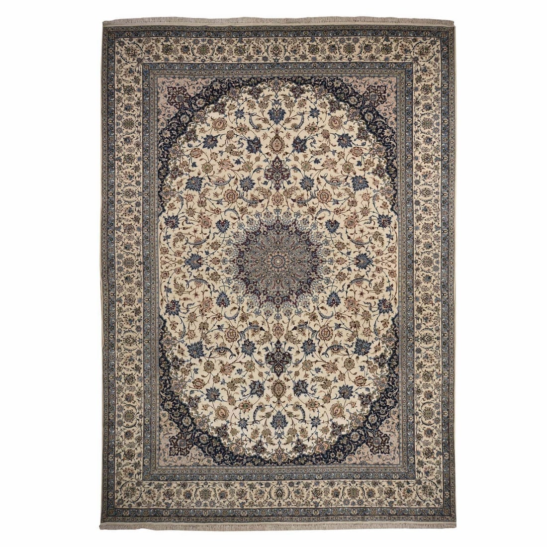 Ivory Vintage Persian Esfahan 400 KPSI Hand Knotted Wool and Silk Rug: Title: Ivory Vintage Persian Esfahan 400 KPSI Hand Knotted Wool and Silk Rug Description:This is a truly genuine one-of-a-kind. It has been Knotted for months and months in the centuries-old weaving c