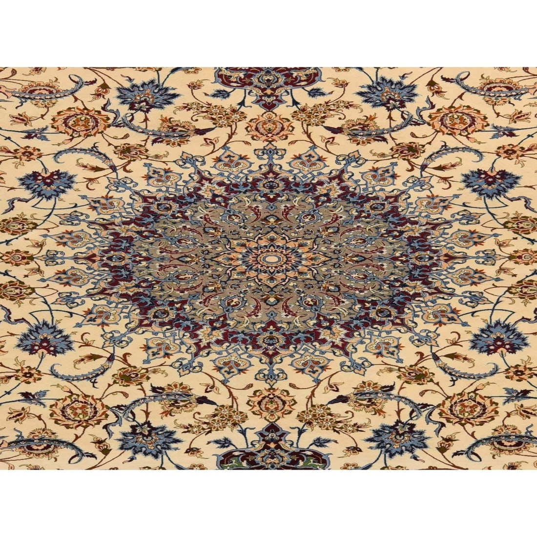 Ivory Vintage Persian Esfahan 400 KPSI Hand Knotted Wool and Silk Rug - 6