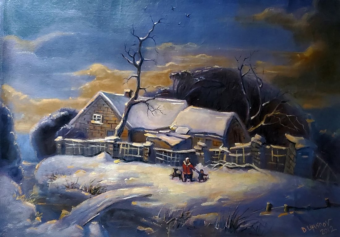Oil painting Village winter sunset Daniil Litvinov (1 of 8)