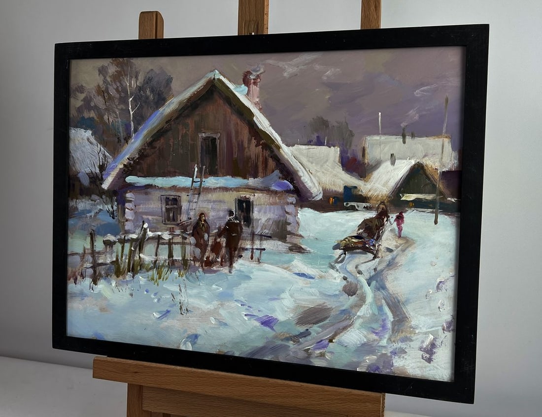 Oil painting Busy winter street of the village Yuriy Suprunchuk - 2