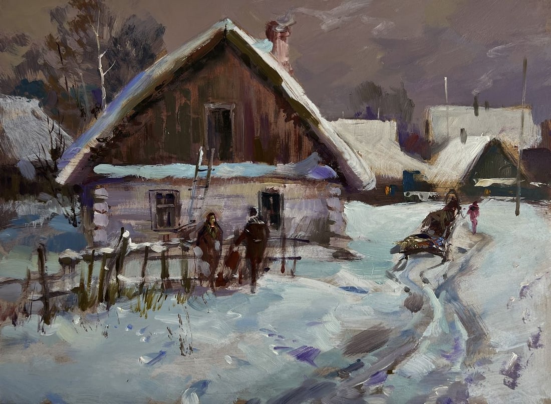 Oil painting Busy winter street of the village Yuriy Suprunchuk - 3