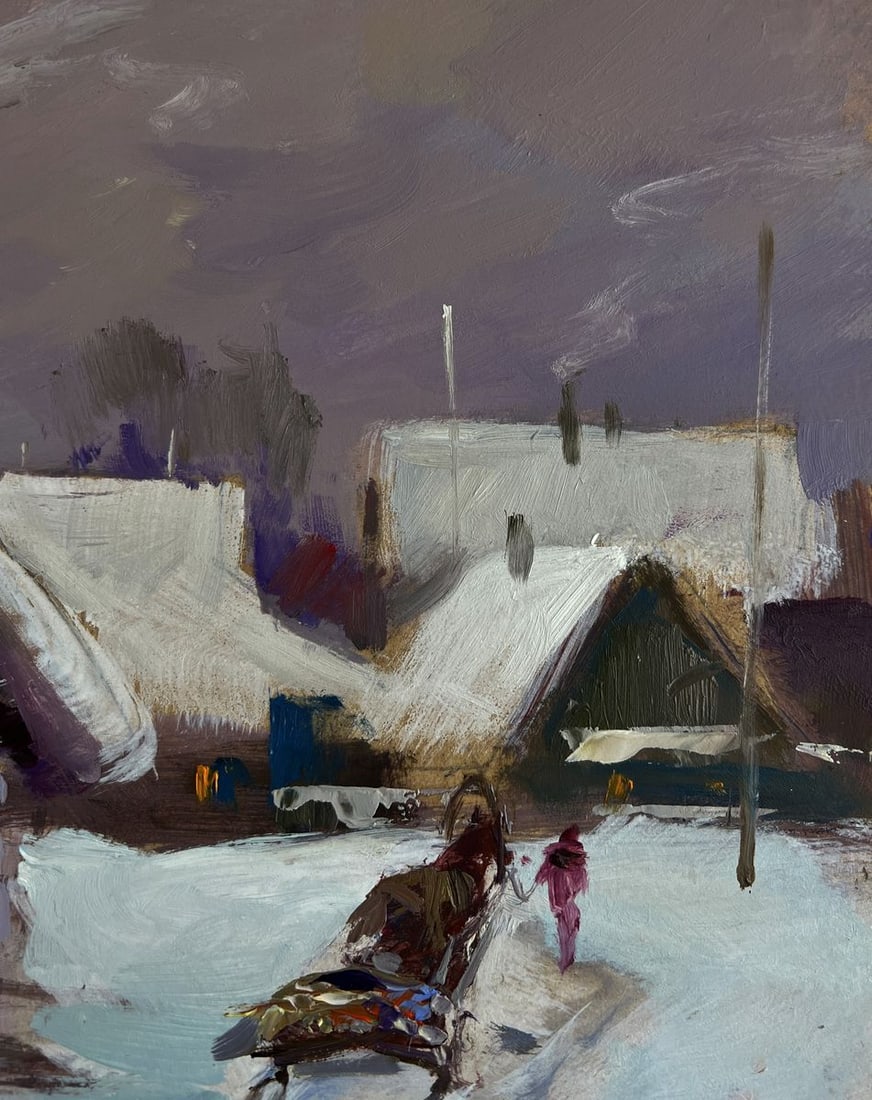 Oil painting Busy winter street of the village Yuriy Suprunchuk - 4