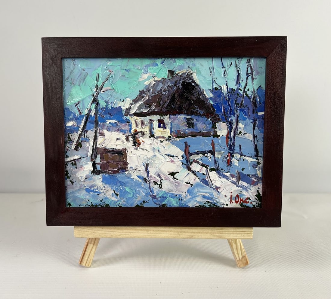 Oil painting The house sleeps in the snow Oksana Kalenyuk: Title: Oil painting The house sleeps in the snow Oksana Kalenyuk Description: NoAAA5062The oil painting on Cardboard titled "The House Sleeps in the Snow" captures the serene stillness of a winter's d
