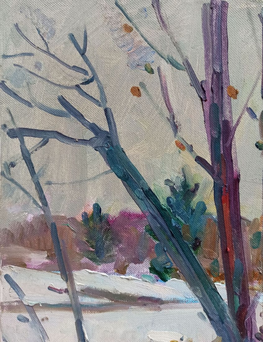 Oil painting Winter evening in the forest Peter Tovpev - 2