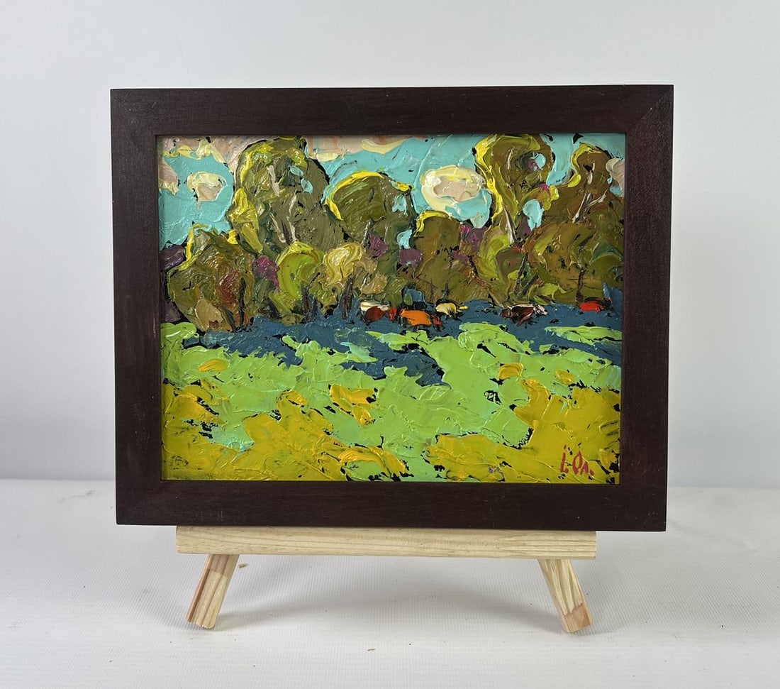 Oil painting Where the field meets the forest Alex Kalenyuk: Title: Oil painting Where the field meets the forest Alex Kalenyuk Description: NoAAA5099The oil painting on Cardboard titled "Where the Field Meets the Forest" captures a moment of vivid harmony betw