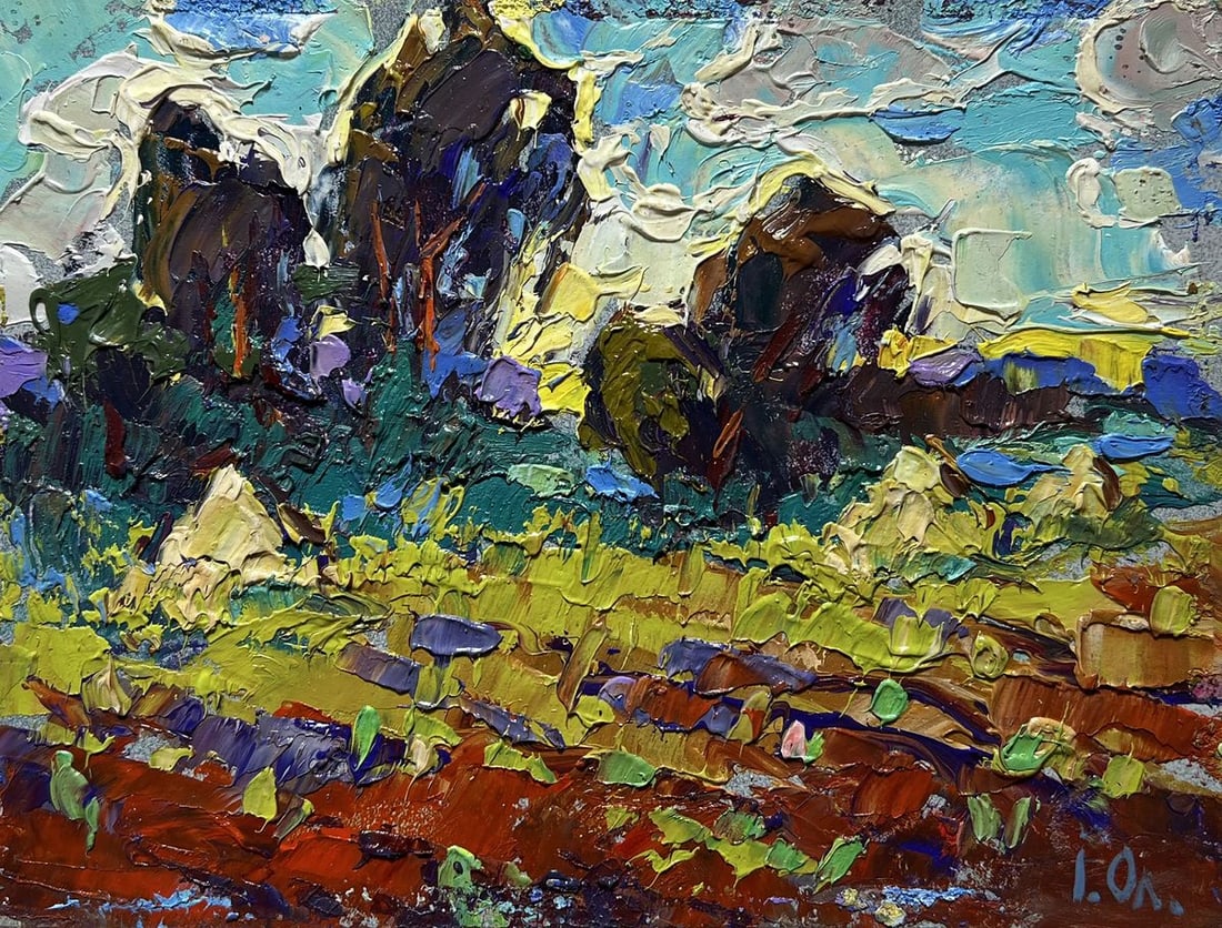Oil painting Plowed field and haystacks Alex Kalenyuk - 3