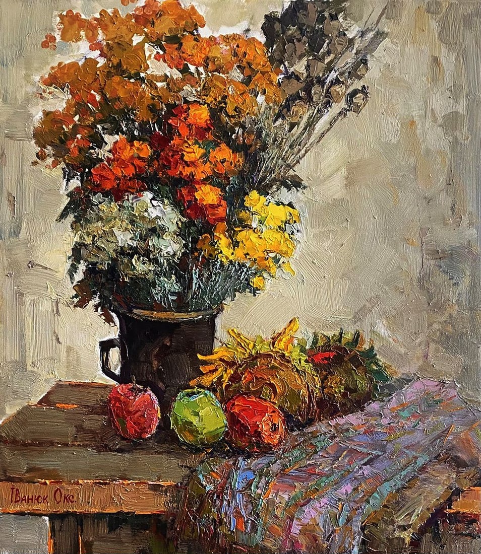 Oil painting Still life with apples Oksana Ivanyuk: Title: Oil painting Still life with apples Oksana Ivanyuk Description: No.Kalen 1646The Oil painting Canvas titled “Still life with apples” radiates warmth and vibrancy, offering a poetic medi