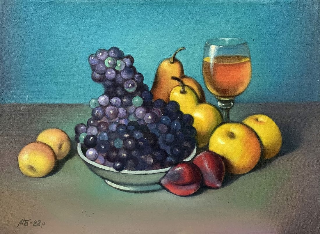 Oil painting A plate of grapes Mykhailo Burdylo: Title: Oil painting A plate of grapes Mykhailo Burdylo Description: No.AAA3408The painting titled "A Plate of Grapes" is a classic still-life composition that brings together vibrant colors,