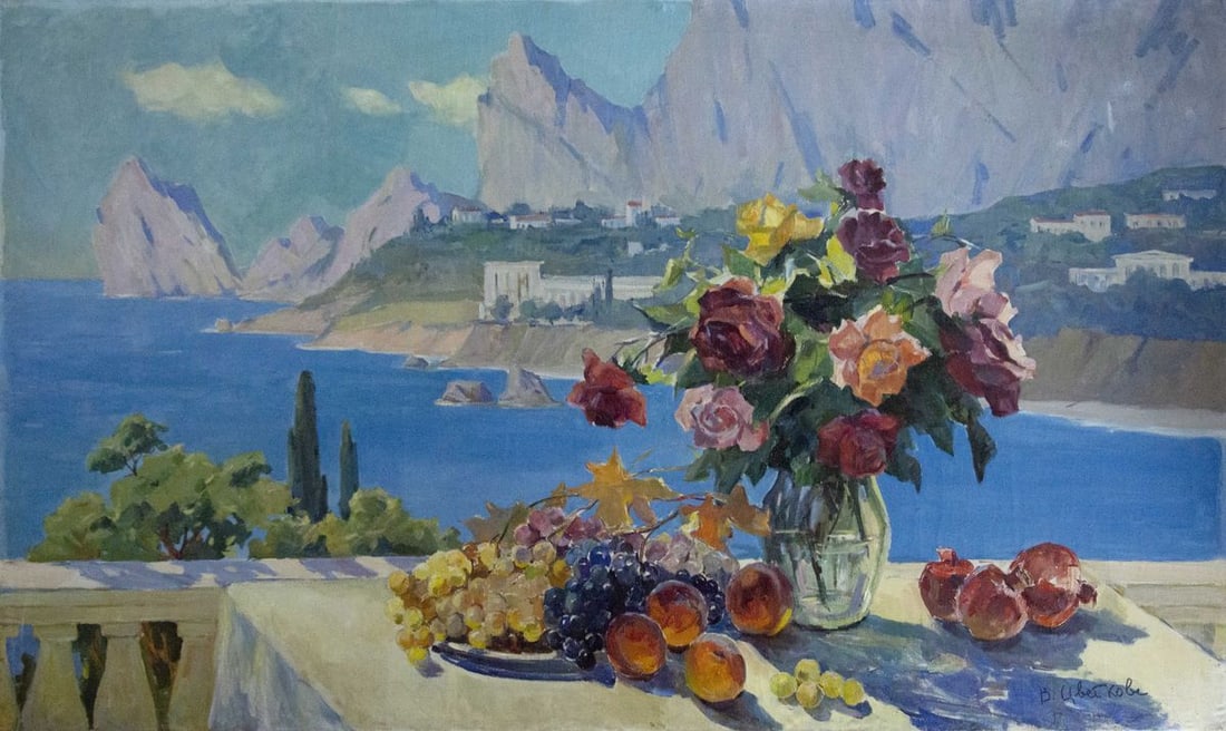 Oil painting Sea view Tsvetkova V.P.: Title: Oil painting Sea view Tsvetkova V.P. Description: No.Vernd 34 *** ABOUT THIS PAINTING *** * TITLE: "Sea view" * ARTISTS: Tsvetkova V. P. * SIZE: 250x148 cm/'98.42x58.26 inches' * MEDIUM: oil, c