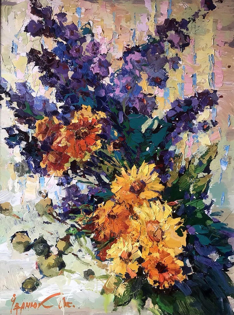 Oil painting Autumn flowers Kalenyuk Oksana: Title: Oil painting Autumn flowers Kalenyuk Oksana Description: No.Kalen 1012 The oil painting is a stunning representation of autumn flowers depicted in vivid purple and orange tones. The intricate