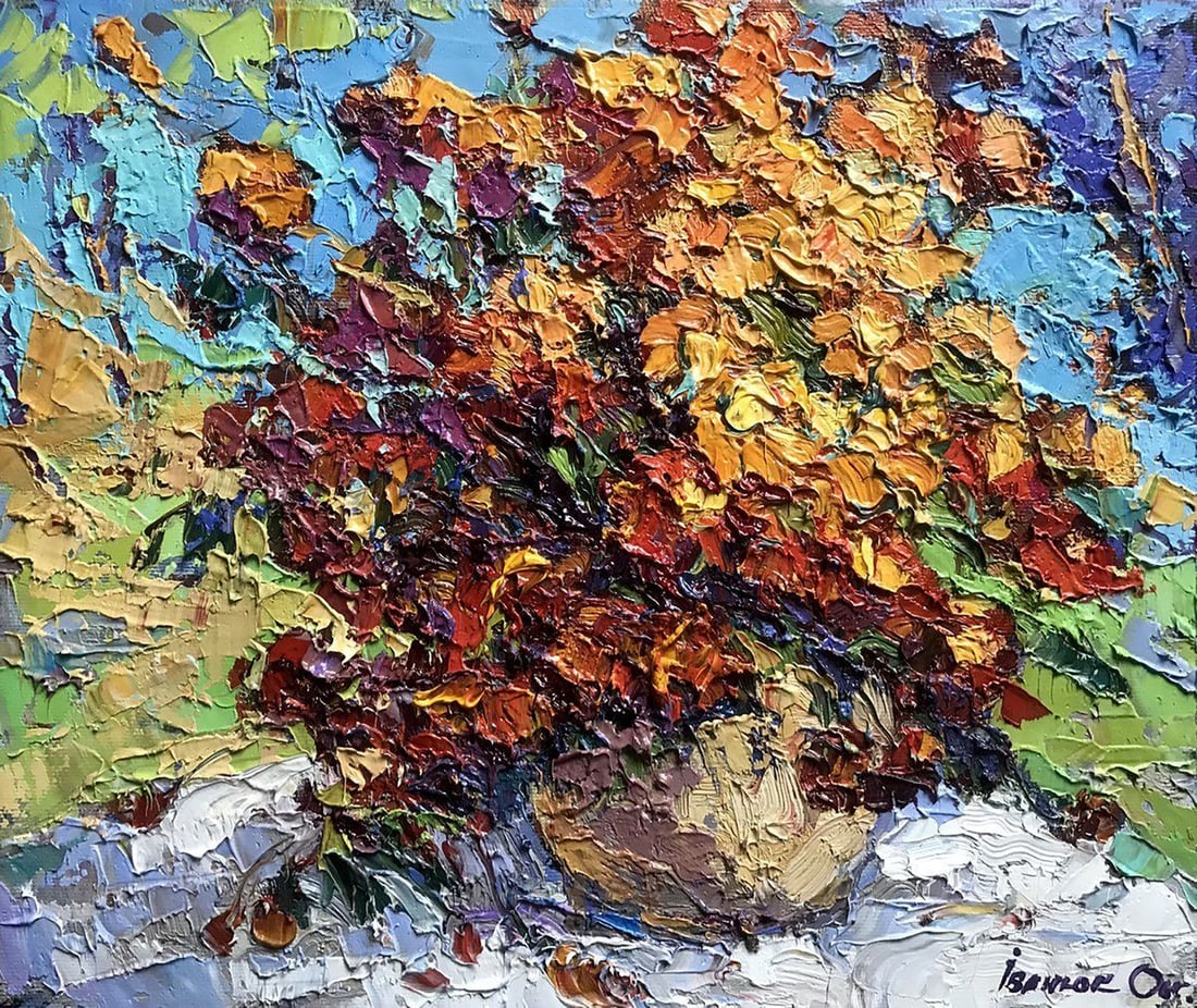 Oil painting Mom's flowers Kalenyuk Oksana: Title: Oil painting Mom's flowers Kalenyuk Oksana Description: No.Kalen 1040This oil painting captures a still life scene of a vase filled with vibrant orange and red flowers sitting on a table. The