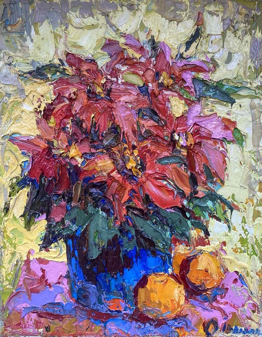 Oil painting Christmas flower Oksana Kalenyuk: Title: Oil painting Christmas flower Oksana Kalenyuk Description: No.Kalen 1249The oil painting titled "Christmas Flower" bursts with the vibrant energy and warmth of the festive season, centering