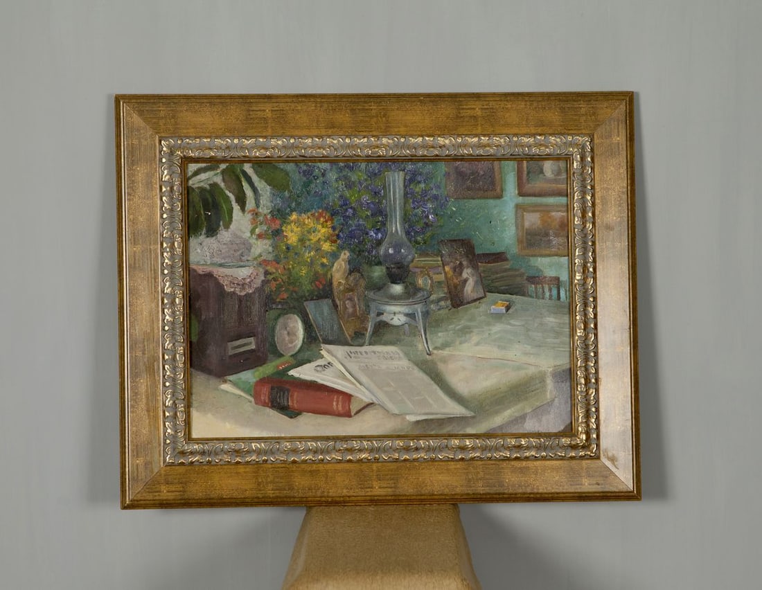 Oil Painting Still Life / Painting with Books Food Drink Flowers on the Table (1 of 9)