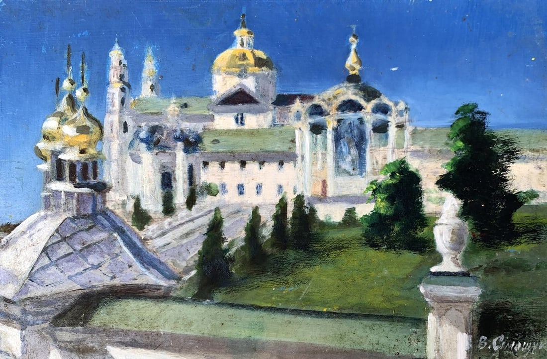 Oil painting The Shining Monastery Valentina Simashchuk: Title: Oil painting The Shining Monastery Valentina Simashchuk Description: No.AAA3441The oil painting titled "The Shining Monastery" portrays a magnificent monastery bathed in radiant sunlight, with