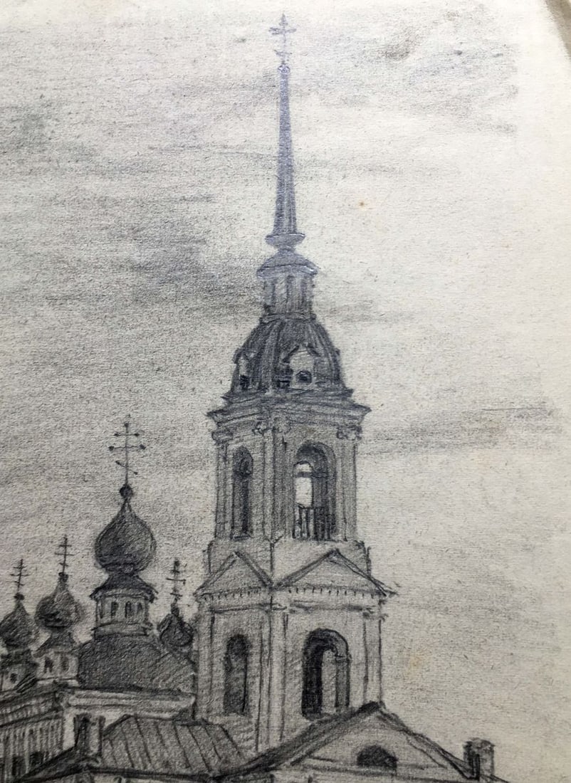 Pencil painting Landscape with a church Dmitry Lednev - 7
