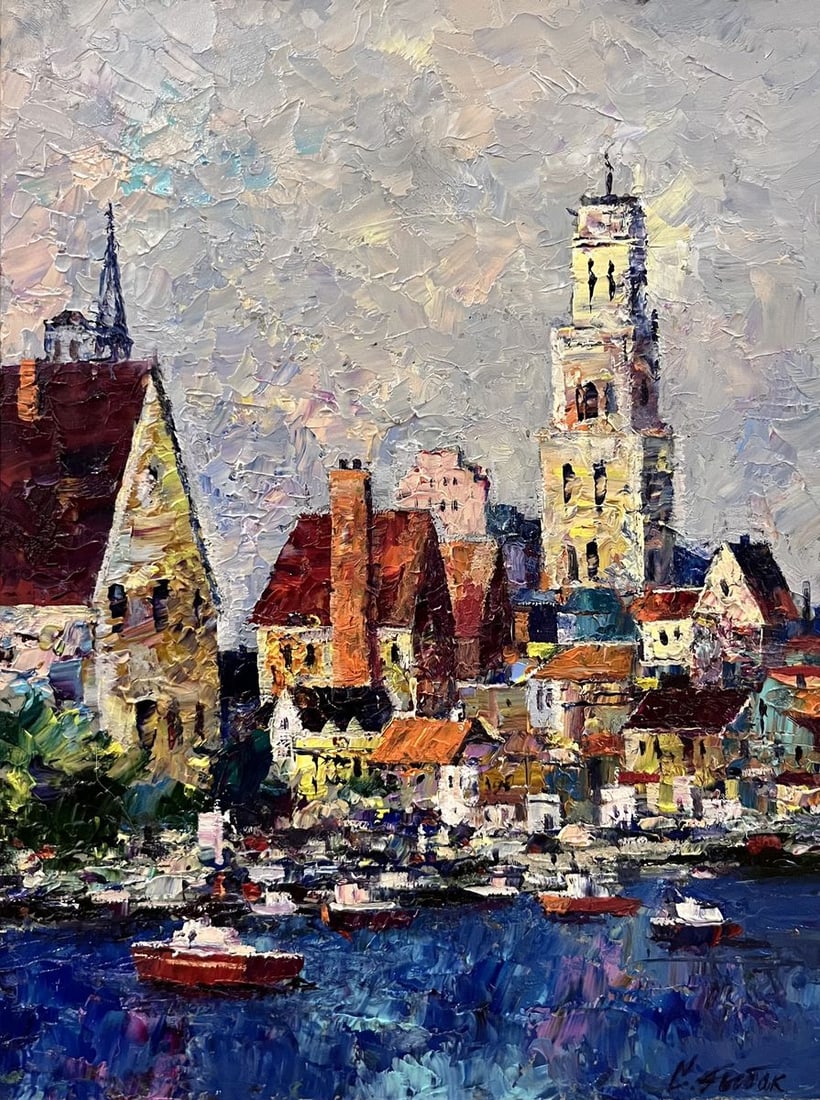 Oil painting City boats at the ferry Serhiy Rybak (1 of 7)