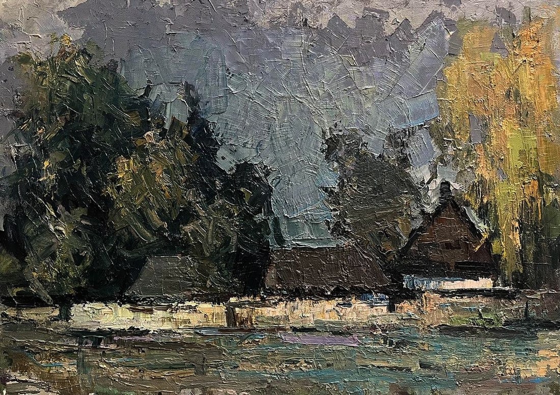 Oil painting Houses by the forest Volodymyr Pashchenko: Title: Oil painting Houses by the forest Volodymyr Pashchenko Description: NoGaller 274 *** ABOUT THIS PAINTING *** * TITLE: "Houses by the forest" * ARTISTS: Volodymyr Pashchenko * SIZE: 50x70 cm/'19