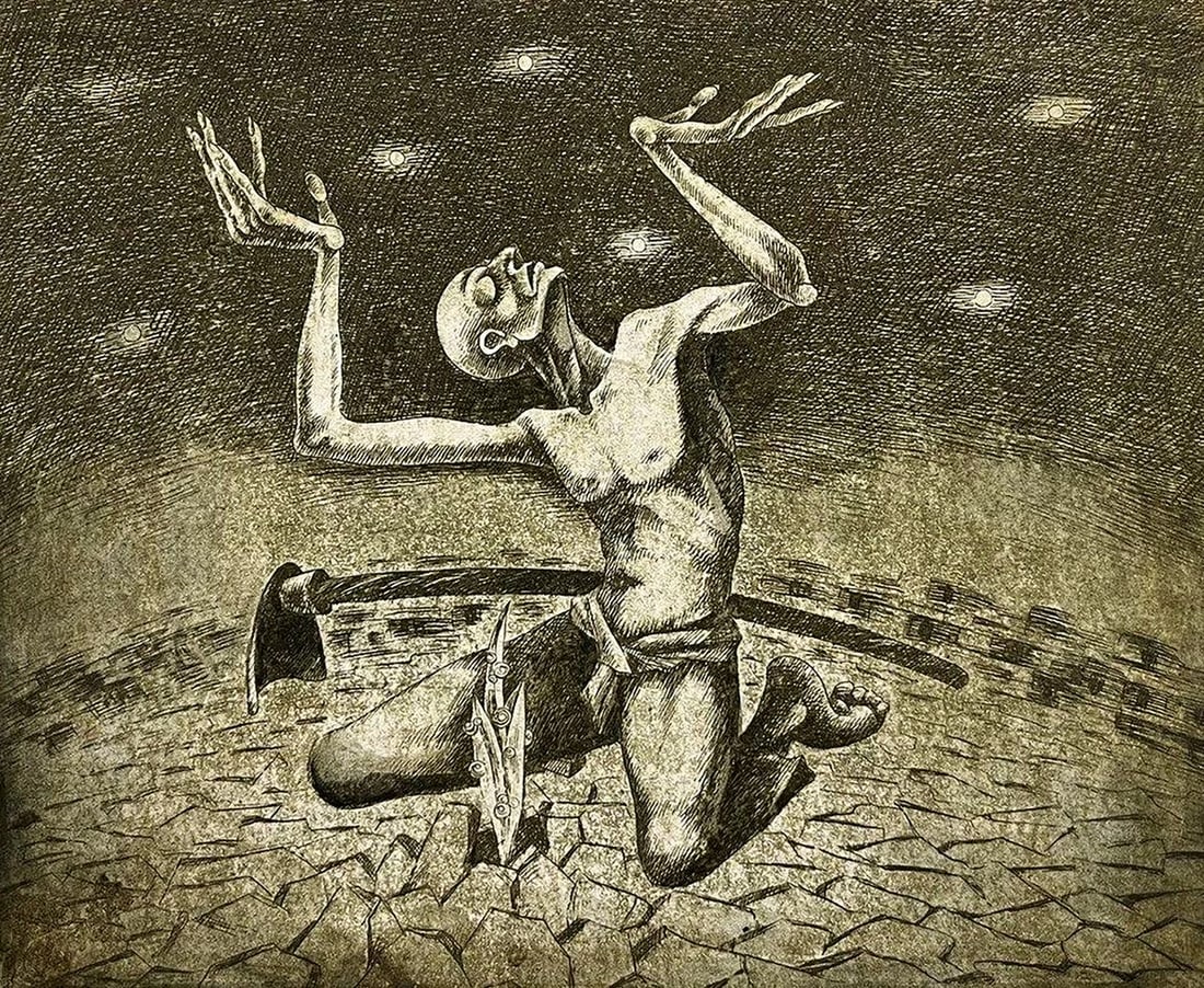 Etching painting Supplication Oleksandr Zhmailo (1 of 8)