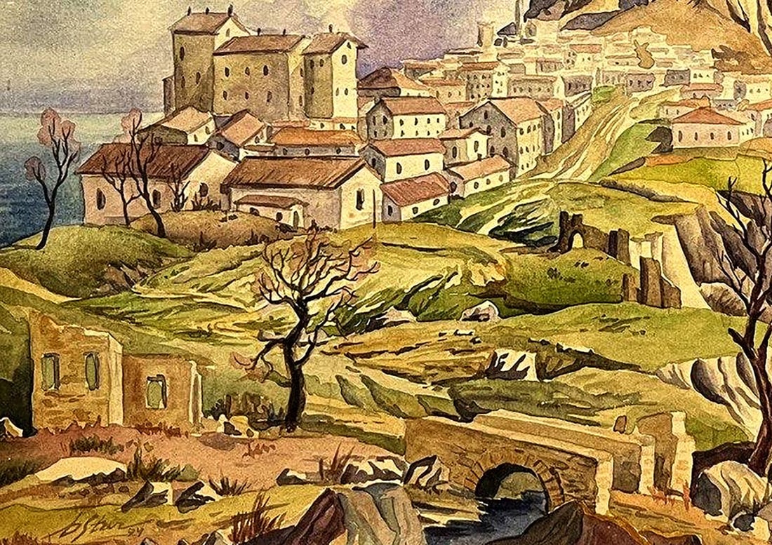 Watercolor painting City in the mountains Dmytro Startsev - 6